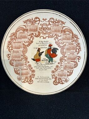 1909 Calendar Plate with Rooster and Hen Rhyme and Illustration
